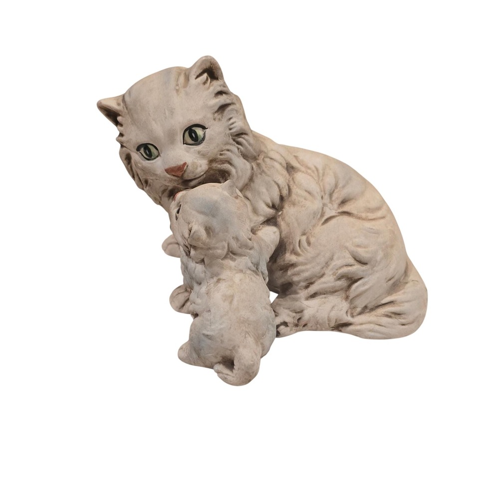 Vintage Ceramic Mother Cat and Kitten Figurine Textured Matte Porcelain Statue